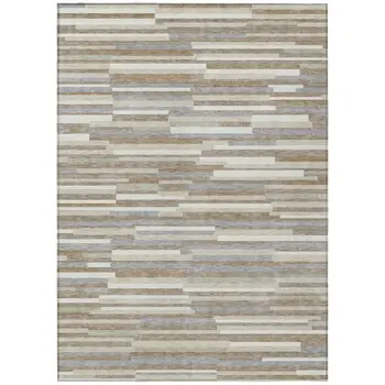 9' X 12' Taupe Gray And Ivory Striped Washable Indoor Outdoor Area Rug
