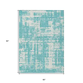 5' X 8' Aqua And Ivory Abstract Washable Indoor Outdoor Area Rug