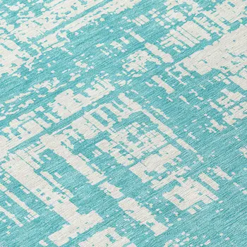 8' Aqua And Ivory Round Abstract Washable Indoor Outdoor Area Rug