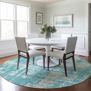 8' Aqua And Ivory Round Abstract Washable Indoor Outdoor Area Rug