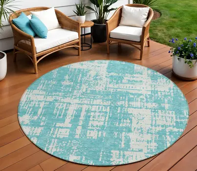 8' Aqua And Ivory Round Abstract Washable Indoor Outdoor Area Rug
