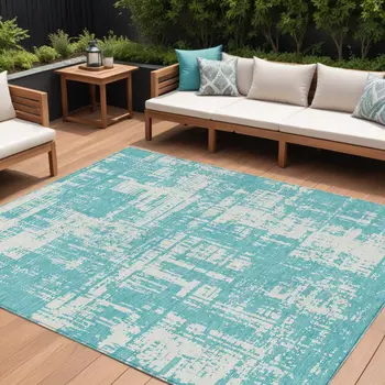 8' X 10' Aqua And Ivory Abstract Washable Indoor Outdoor Area Rug