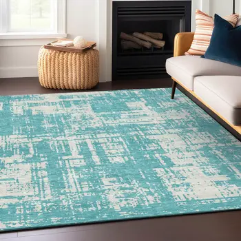 9' X 12' Aqua And Ivory Abstract Washable Indoor Outdoor Area Rug