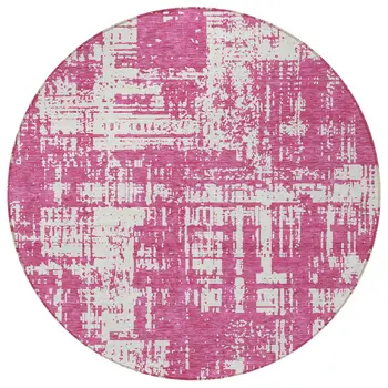 8' Blush And Ivory Round Abstract Washable Indoor Outdoor Area Rug