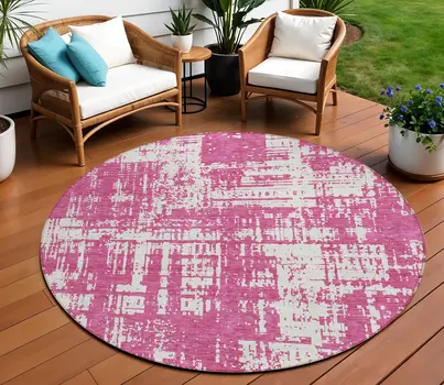 8' Blush And Ivory Round Abstract Washable Indoor Outdoor Area Rug