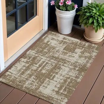 3' X 5' Brown And Beige Abstract Washable Indoor Outdoor Area Rug