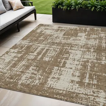 5' X 8' Brown And Beige Abstract Washable Indoor Outdoor Area Rug