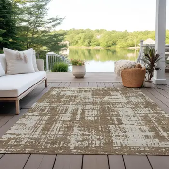 5' X 8' Brown And Beige Abstract Washable Indoor Outdoor Area Rug