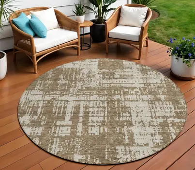 8' Brown And Beige Round Abstract Washable Indoor Outdoor Area Rug