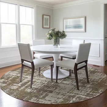 8' Brown And Beige Round Abstract Washable Indoor Outdoor Area Rug