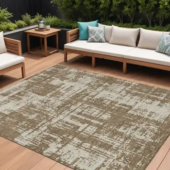 9' X 12' Brown And Beige Abstract Washable Indoor Outdoor Area Rug