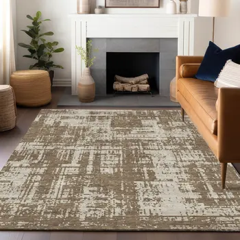 10' X 14' Brown And Beige Abstract Washable Indoor Outdoor Area Rug