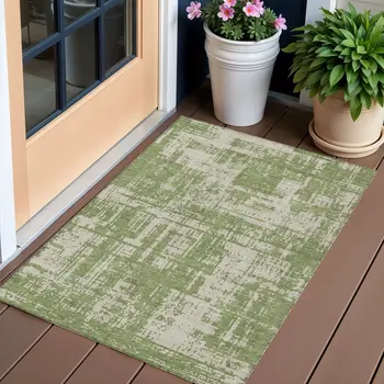 3' X 5' Green And Beige Abstract Washable Indoor Outdoor Area Rug