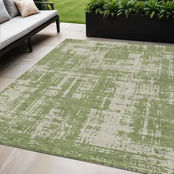 5' X 8' Green And Beige Abstract Washable Indoor Outdoor Area Rug