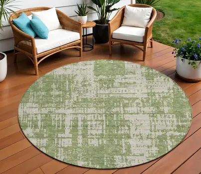 8' Green And Beige Round Abstract Washable Indoor Outdoor Area Rug