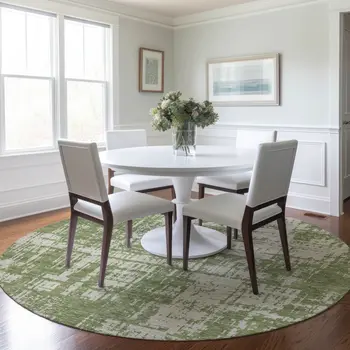 8' Green And Beige Round Abstract Washable Indoor Outdoor Area Rug