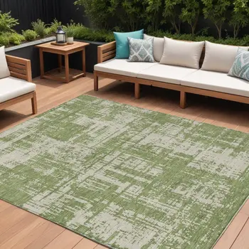 9' X 12' Green And Beige Abstract Washable Indoor Outdoor Area Rug