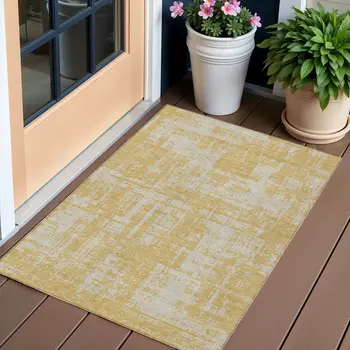 3' X 5' Gold And Gray Abstract Washable Indoor Outdoor Area Rug