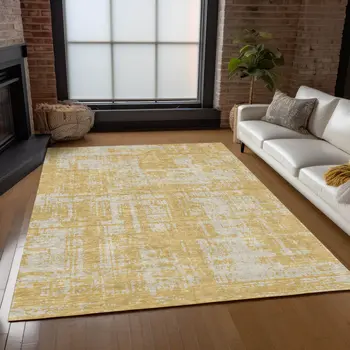 5' X 8' Gold And Gray Abstract Washable Indoor Outdoor Area Rug