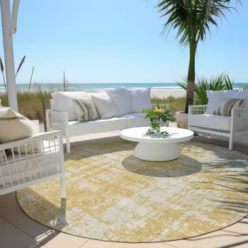 8' Gold And Gray Round Abstract Washable Indoor Outdoor Area Rug