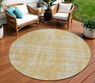 8' Gold And Gray Round Abstract Washable Indoor Outdoor Area Rug