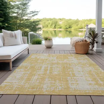 9' X 12' Gold And Gray Abstract Washable Indoor Outdoor Area Rug