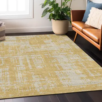 9' X 12' Gold And Gray Abstract Washable Indoor Outdoor Area Rug
