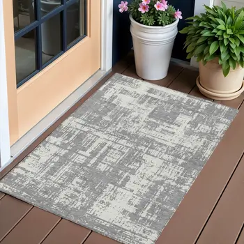 3' X 5' Gray And Ivory Abstract Washable Indoor Outdoor Area Rug