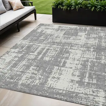 5' X 8' Gray And Ivory Abstract Washable Indoor Outdoor Area Rug
