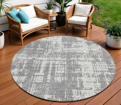 8' Gray And Ivory Round Abstract Washable Indoor Outdoor Area Rug