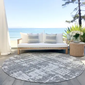 8' Gray And Ivory Round Abstract Washable Indoor Outdoor Area Rug