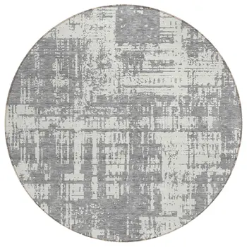8' Gray And Ivory Round Abstract Washable Indoor Outdoor Area Rug