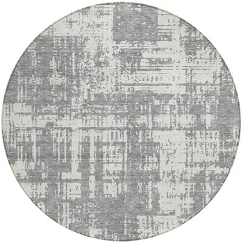 8' Gray And Ivory Round Abstract Washable Indoor Outdoor Area Rug