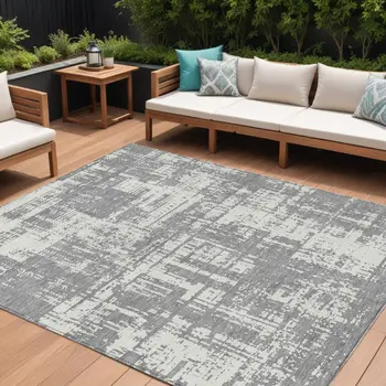 9' X 12' Gray And Ivory Abstract Washable Indoor Outdoor Area Rug
