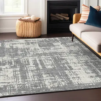 9' X 12' Gray And Ivory Abstract Washable Indoor Outdoor Area Rug