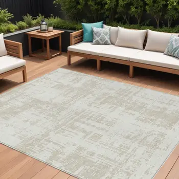 10' X 14' Ivory And Beige Abstract Washable Indoor Outdoor Area Rug