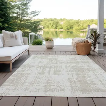 10' X 14' Ivory And Beige Abstract Washable Indoor Outdoor Area Rug