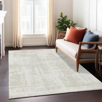 10' X 14' Ivory And Beige Abstract Washable Indoor Outdoor Area Rug