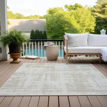 10' X 14' Ivory And Beige Abstract Washable Indoor Outdoor Area Rug