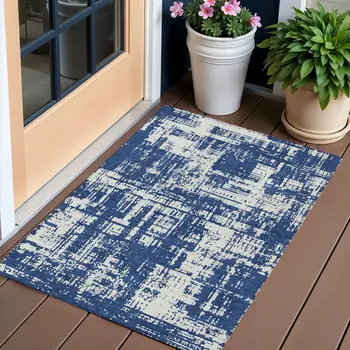 3' X 5' Navy Blue And Ivory Abstract Washable Indoor Outdoor Area Rug