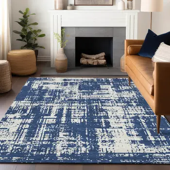 3' X 5' Navy Blue And Ivory Abstract Washable Indoor Outdoor Area Rug