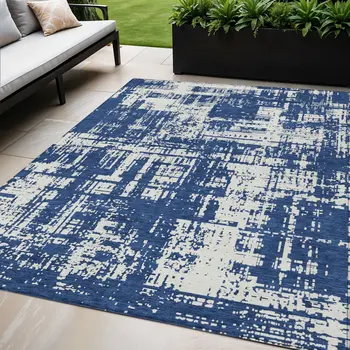 5' X 8' Navy Blue And Ivory Abstract Washable Indoor Outdoor Area Rug