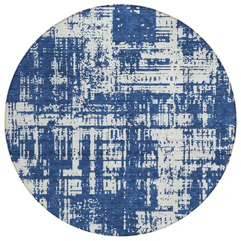 8' Navy Blue And Ivory Round Abstract Washable Indoor Outdoor Area Rug