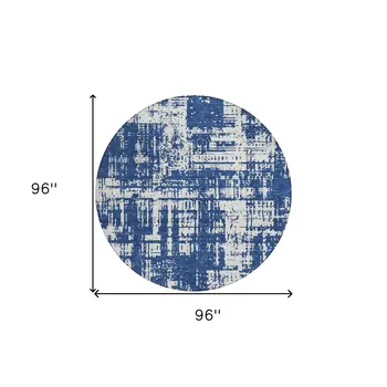 8' Navy Blue And Ivory Round Abstract Washable Indoor Outdoor Area Rug