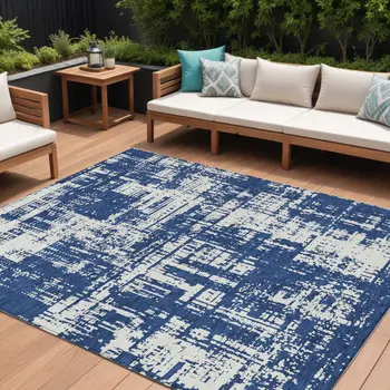 10' X 14' Navy Blue And Ivory Abstract Washable Indoor Outdoor Area Rug