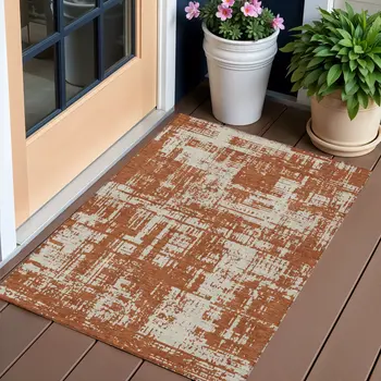 3' X 5' Brown And Ivory Abstract Washable Indoor Outdoor Area Rug
