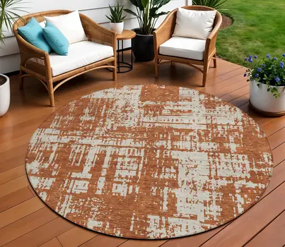8' Brown And Ivory Round Abstract Washable Indoor Outdoor Area Rug