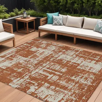10' X 14' Brown And Ivory Abstract Washable Indoor Outdoor Area Rug