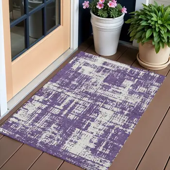 3' X 5' Purple And Ivory Abstract Washable Indoor Outdoor Area Rug