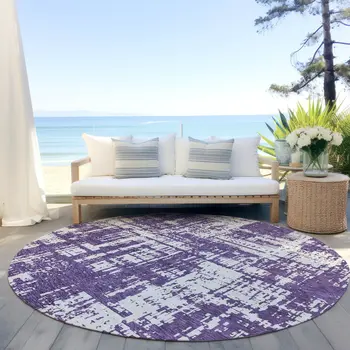 8' Purple And Ivory Round Abstract Washable Indoor Outdoor Area Rug
